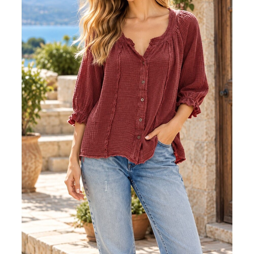 Free People We The Free Lucy Shirt Blouse Top Ruffle Buttondown Solid M 286406